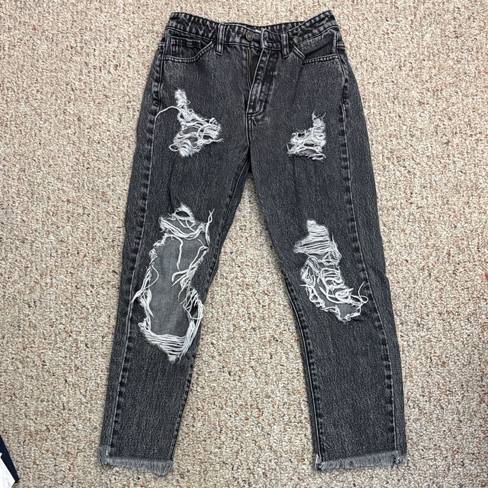 Fashion Nova Charcoal Distressed Straight Leg Jeans
